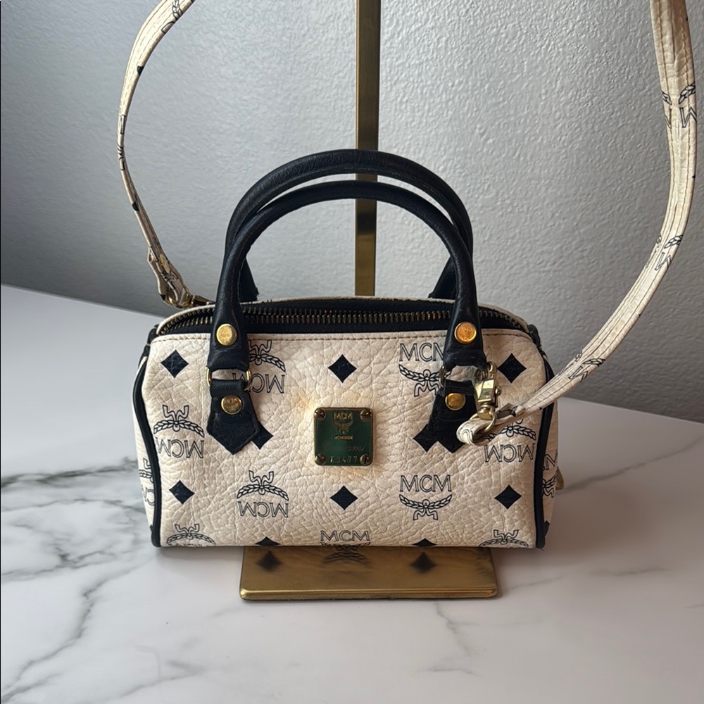 Vintage MCM München Visetos Navy & White Boston Mini Satchel Original Strap COA